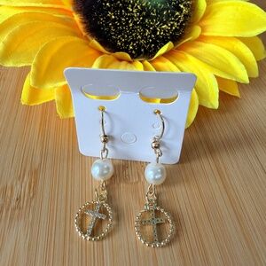 Gold plated cross, crystal pearl style dangle earrings